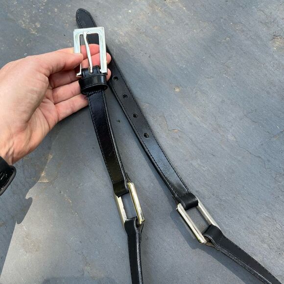 Vintage Eddie Bauer Black Leather Belt L Silver Buckle Link Detail 29–33" - Picture 2 of 7